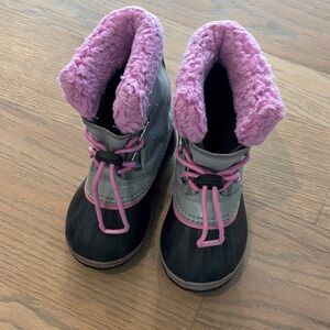 Sorel pink, grey, black waterproof rain and snow boots, size little kid 10
